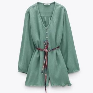 Zara belted rustic long sleeve romper in sea green size L